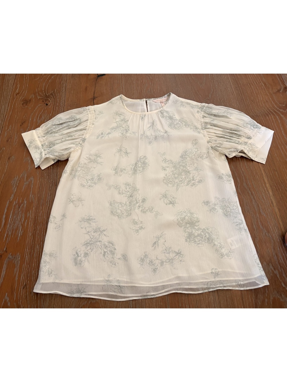 Rebecca Taylor Cream Silk Floral Blouse Sheer Puff Sleeves Small